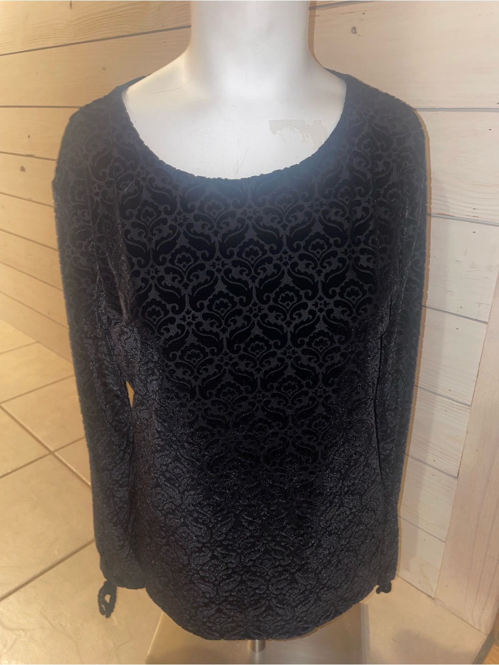 Talbots Black Velour V-Neck Blouse with Tie Sleeves, small